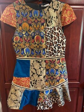 Alice + Olivia Multicolor Patchwork Brocade and Leopard Mini Dress